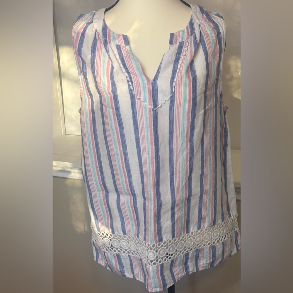 Striped Sleeveless Top with Lace Trim